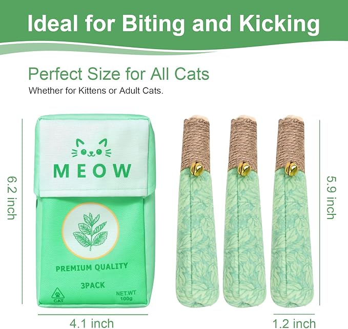 Catnip Toys for Indoor Cats, 3 Pack Funny Cat Chew Toy for Kitten Teething, Soft & Durable Cat Kicker Toys with Dental Rope & Fun Bell, Interactive Organic Cat Nip Toys to Relieve Boredom & Anxiety
