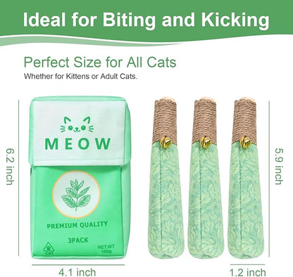 Catnip Toys for Indoor Cats, 3 Pack Funny Cat Chew Toy for Kitten Teething, Soft & Durable Cat Kicker Toys with Dental Rope & Fun Bell, Interactive Organic Cat Nip Toys to Relieve Boredom & Anxiety