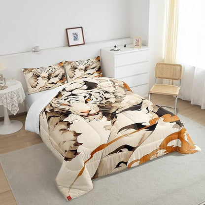 Erosebridal Tiger Comforter Set Full Woodland Wild Animal Bedding Set Oriental Japanese Style Down Comforter 3D Cartoon Quilted Comforter Youth Teenage Beige Room Decoration Microfiber 3pcs