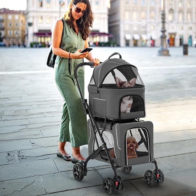 PETSITE Double Dog Stroller, Foldable 3-in-1 4 Wheels Cat Stroller with 2 Detachable Carriers, Safety Belt, Washable Cover, Removable Pads for Small Medium Dogs Cats (Grey)