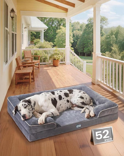 OhGeni Orthopedic Dog Bed Couch Big Cat Sofa for Jumbo Sized Pets with Memory Foam, Machine-Washable Waterproof Removable Cover, Soft Comfortable Fabric, 52-inch (Gray)