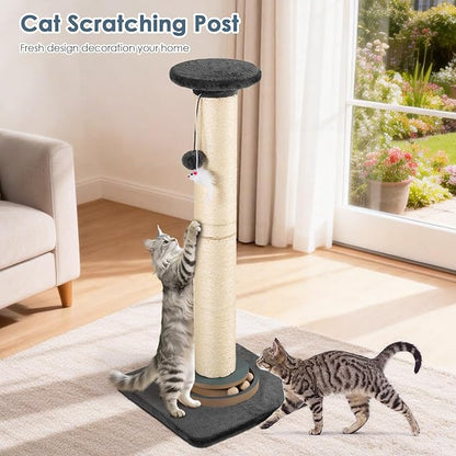 Tall Cat Scratching Post, Thick Sisal Scratcher with Heavy Sturdy Base & Interactive Toys for Indoor Cats