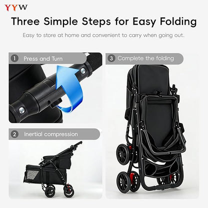 YYW Double Pet Stroller for Small Cats and Dogs, Foldable Kittens Puppies Travel Strolling Cart with 2 Carriages, Cup Holder & Lockable Wheels, Ideal for Multi-Pet Families(Black)