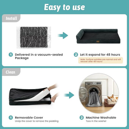 COZY KISS Orthopedic Dog Bed for Extra Large, XXL Dogs Bed, L Shaped Foam Anti-Slip Bottom Giant Pet Cat Sofa with Washable Cover, Suitable for Pet Up to 150 lbs, 48x35x8 inch, Black ﻿