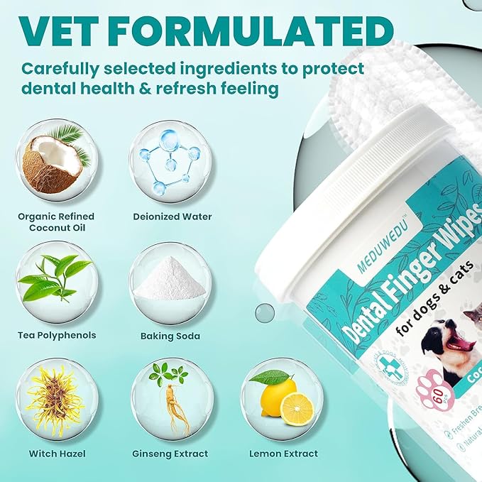 MEDUWEDU Dental Care Finger Wipes 120 Counts,Teeth Cleaning Finger Wipes for Dogs & Cats,Reduces Plaque & Supports Oral Freshness, Coconut Scent