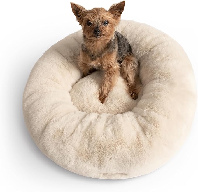 UnHide Floof Pet Bed - Small (23" x 8") - Extra Soft Dog Bed - Removable Faux Fur Cover - Machine Washable - Helps Ease Pet Anxiety & Provides the Perfect Sleep - Beige Bear