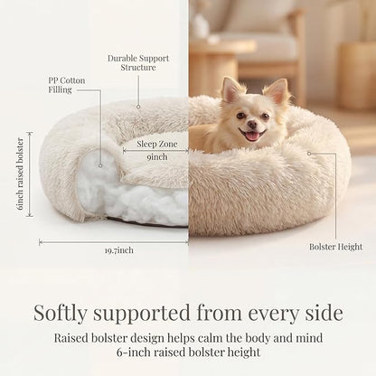 Calming Donut Dogs Beds for Small Dogs Washable,19inch Fluffy Round Puppy Bed for Puppies,Cats & Toy Breeds with Raised Rim,Fits up to 15 lbs Pets,Beige