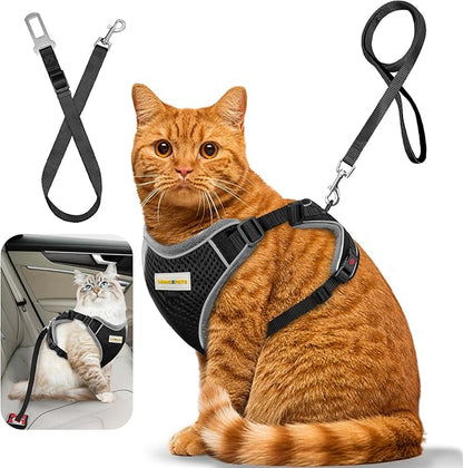 MingXpets Cat Harness and Leash for Walking, Retractable Cat Harnesses and Leash Set Escape Proof, Breathable Soft Kitten Small Large Harness for Travel Training and Walking, Black, M