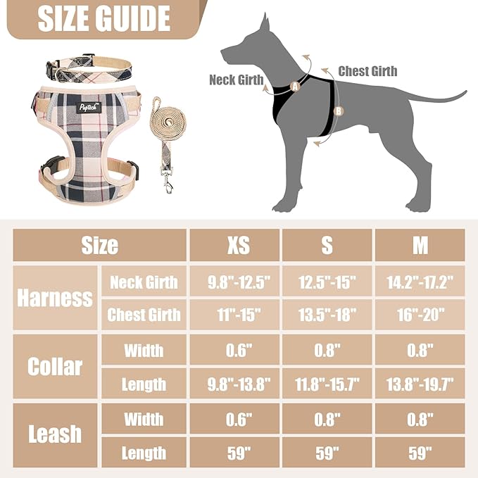 PUPTECK Small Dog Harness and Leash Set, No Pull Adjustable Puppy Cat Harness, Reflective Soft Mesh Pet Vest Small Sized, Beige Plaid, M