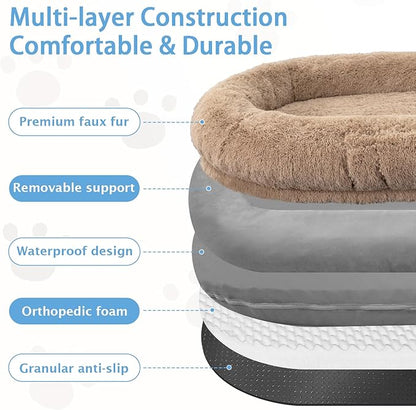 Human Dog Bed, 71''x45''x12'' Size Fits People and Pet 10 CM Thick Memory Foam Washable Adult Large Bed Giant Oversize Foldable Dog Bed with Plump Pillow, Blanket, Strap - Khaki