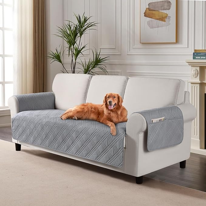 TAOCOCO Waterproof Couch Covers for Pets Dogs with Non Slip Backing, Sofa Seat Covers with Side Pocket for 3 Cushion Couch Washable Dog Couch Cover Protector Sofa Slipcovers(Sofa Plus, Light Gray)