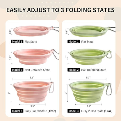 Collapsible Dog Bowls 2-Pack, Portable Travel Dog Bowl with Carabiner, Food-Grade Silicone Pet Bowl for Hiking, Walking (Macaron Pink and Green)