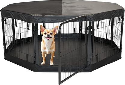 Dog Playpen w/Octagon Bottom Pad & Top Cover - 24 inch, 8 Panel Portable Black Metal Pet Play Pen for Small Dogs & Puppies - Indoor/Outdoor Kennel Cage for Home, Yard, RV, or Camping