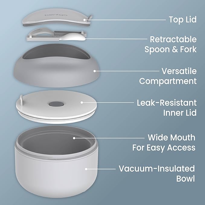 Bentgo Bowl - Insulated Leak-Resistant Bowl with Snack Compartment, Collapsible Utensils and Improved Easy-Grip Design for On-the-Go - Holds Soup, Rice, Cereal & More - BPA-Free, 21.2 oz (Gray)