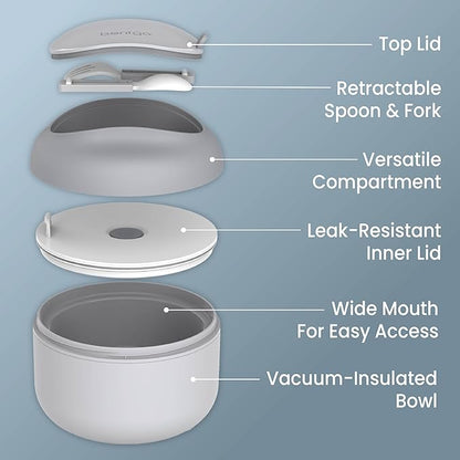 Bentgo Bowl - Insulated Leak-Resistant Bowl with Snack Compartment, Collapsible Utensils and Improved Easy-Grip Design for On-the-Go - Holds Soup, Rice, Cereal & More - BPA-Free, 21.2 oz (Gray)