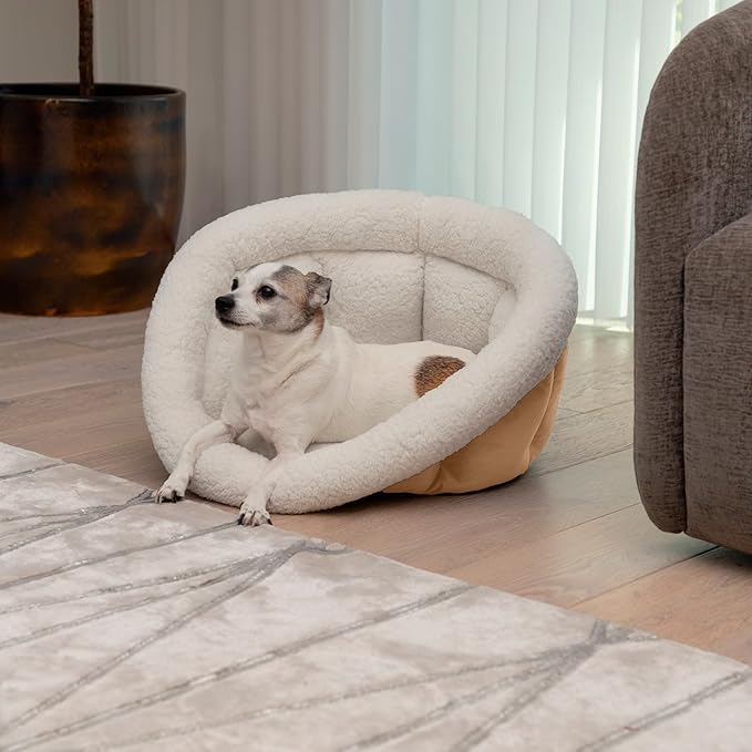 Sherry Kline Small Cuddler Cup Pet Bed: Cozy Retreat with Deep Cushioning, Secure & Snug Space for Nap or Lounge, Easy in 'n' Out Access, Polyester Fiber, Round Shape (Caramel Gold)