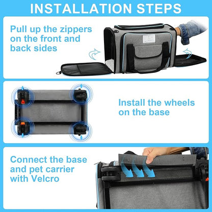 Pet Carrier Airline Approved, Expandable Pet Cat Carriers with Wheels for Dogs, Airline Approved Cat Dog Carrier, TSA Approved Pet Carrier in Cabin, Pet Dog Cat Carrier Soft, Cat Travel Carrier(Grey)