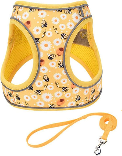 XS Yellow Flower Pattern Dog Harness and Leash Set,No Escape Harnesses for Training Walking，Breathable Adjustable Puppy Vest for Small Medium Dogs, Cats (Yellow, XS)