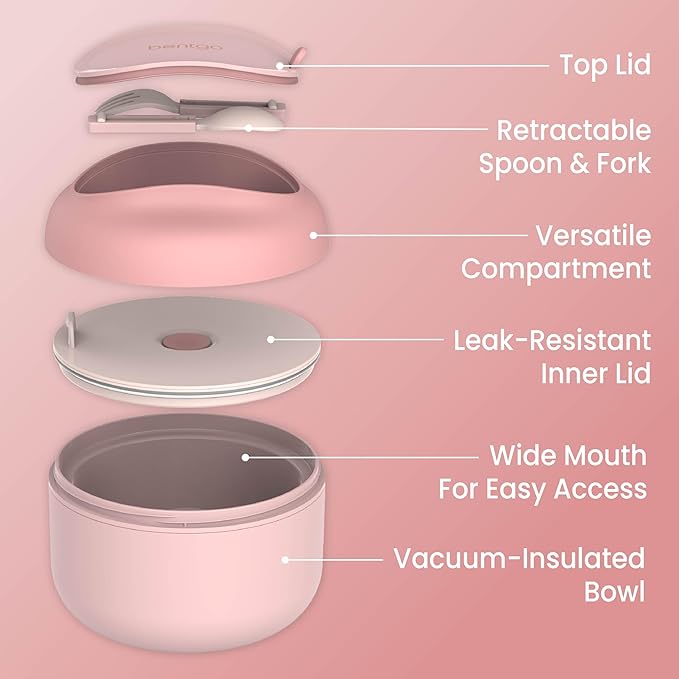 Bentgo Bowl - Insulated Leak-Resistant Bowl with Snack Compartment, Collapsible Utensils and Improved Easy-Grip Design for On-the-Go - Holds Soup, Rice, Cereal & More - BPA-Free, 21.2 oz (Blush)