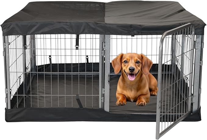 Dog Playpen w/Square Bottom Pad & Top Cover - 24 inch, 8 Panel Portable Grey Metal Pet Play Pen for Small Dogs and Puppies - Indoor/Outdoor Kennel Cage for Home, Yard, RV, or Camping
