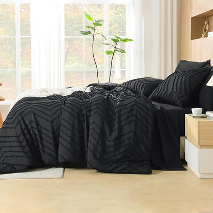 Litanika Super King Size Comforter Set with Sheets Black - 7 Pieces Bed in a Bag Oversized King Boho Tufted Complete Bedding Sets with Comforter, Sheets, Pillowcases & Shams