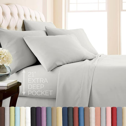 Southshore Fine Living, Inc. 7-Piece Split King Sheet Set, 21-Inch Deep Pocket King Sheets for Adjustable Bed, Premium Bedding, Microfiber Bedding, Grey Pillow Cases Set of 4, Light Grey Sheets