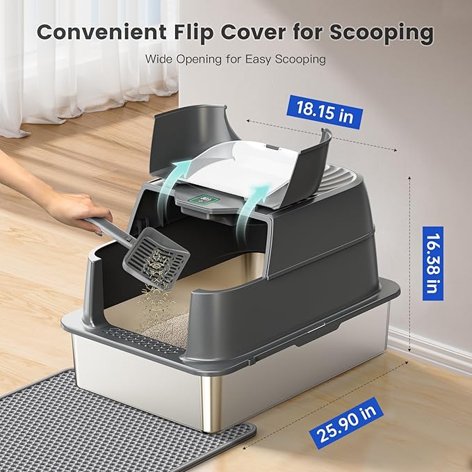 Smart Odor Control Cat Litter Box with Cover，XXXL Stainless Steel Enclosed Litter Box for Big Cats, Plasma Sterilization Deodorizer with Infrared Auto Pause, No More Odors and Stay Fresh,Easy to Clean