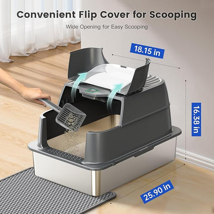 Smart Odor Control Cat Litter Box with Cover，XXXL Stainless Steel Enclosed Litter Box for Big Cats, Plasma Sterilization Deodorizer with Infrared Auto Pause, No More Odors and Stay Fresh,Easy to Clean