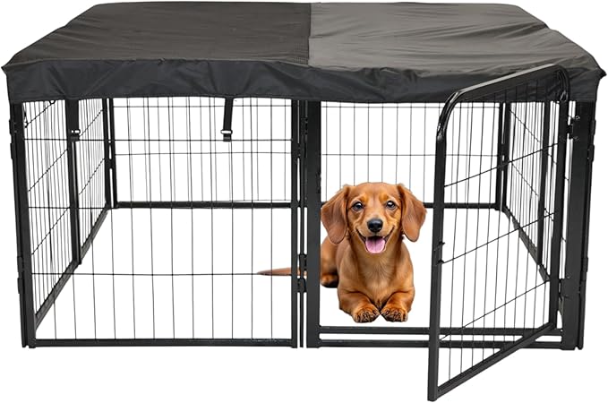 Dog Playpen w/Square Top Shade Cover - 24 inch, 8 Panel Portable Black Metal Pet Play Pen for Small Dogs & Puppies - Indoor/Outdoor Kennel Cage for Home, Yard, RV, or Camping