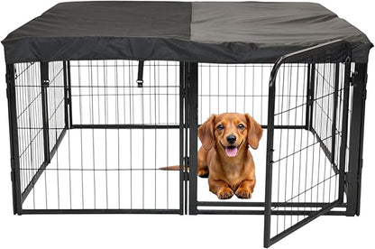 Dog Playpen w/Square Top Shade Cover - 24 inch, 8 Panel Portable Black Metal Pet Play Pen for Small Dogs & Puppies - Indoor/Outdoor Kennel Cage for Home, Yard, RV, or Camping