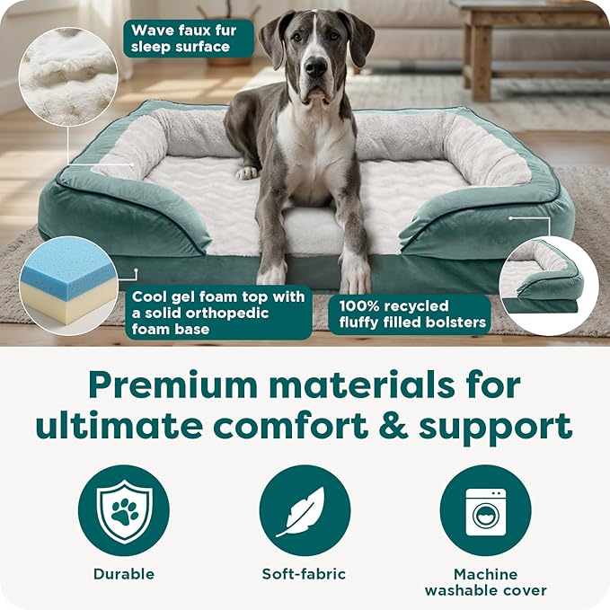 FurHaven Cooling Gel Dog Bed for Large Dogs, Perfect Comfort Sofa Bed, Cool Gel-Top & Orthopedic Foam Base for Joint Support, Removable Washable Cover, Jumbo Plus XXL, Plush & Velvet, Celadon Green