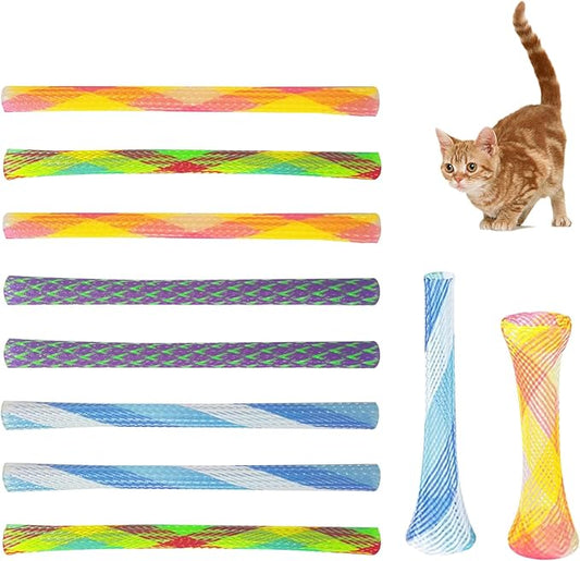 Andiker 10pcs Cat Tube Toy, 5.1inch Nylon Mesh Telescopic Folding Plastic Cat Spring Toy, Stylish Multi-Colored Cat Chew Toy, Interactive Cat Toys for Indoor Cats to Chase, Bite, and Pounce (10pcs)