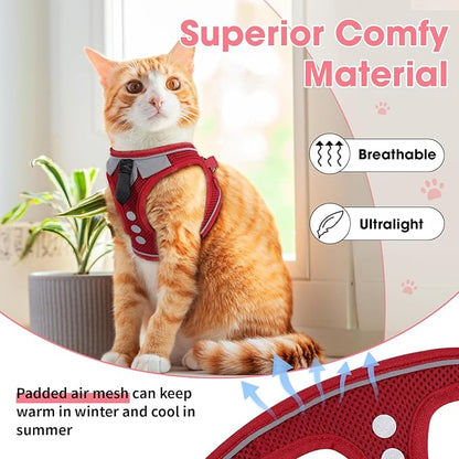 Cat Harness and Leash Set for Walking Escape Proof, Soft Adjustable Kitten Harness Breathable Mesh with Reflective Strips Harness for Kitty Puppy Bunny(Red,S)
