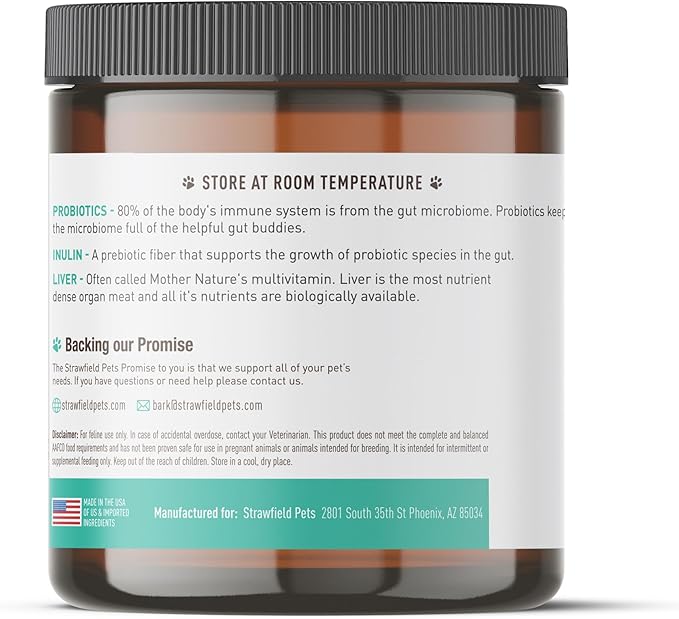 Strawfield Pets' Pre + Probiotic Powder for Cats with Catnip Probiotic for Cats Constipation, Diarrhea, Digestion Relief Immune Support Supplement Natural Chicken Liver Flavor 120 Grams / 120 Scoops