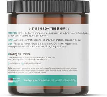 Strawfield Pets' Pre + Probiotic Powder for Cats with Catnip Probiotic for Cats Constipation, Diarrhea, Digestion Relief Immune Support Supplement Natural Chicken Liver Flavor 120 Grams / 120 Scoops