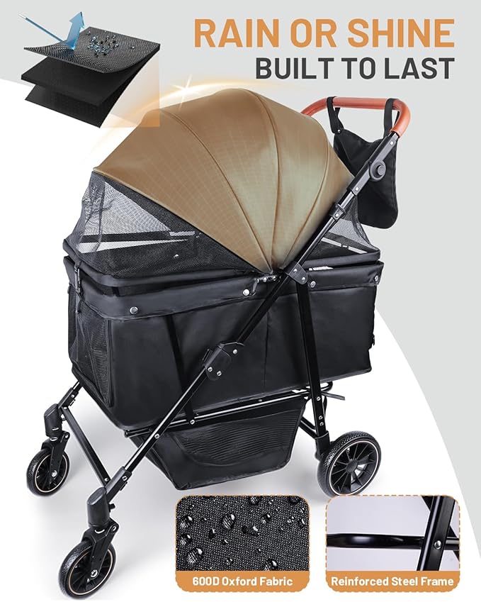 Dog Stroller for Large & Medium Dogs, Pet Stroller for 2 Small Dogs, Extra Large Heavy Duty, Foldable Design, Adjustable Handle, with Pocket, Up to 132 lbs(Drak Black)