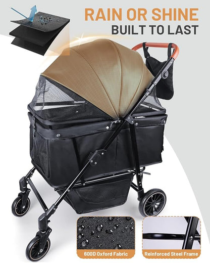 Dog Stroller for Large & Medium Dogs, Pet Stroller for 2 Small Dogs, Extra Large Heavy Duty, Foldable Design, Adjustable Handle, with Pocket, Up to 132 lbs(Drak Black)