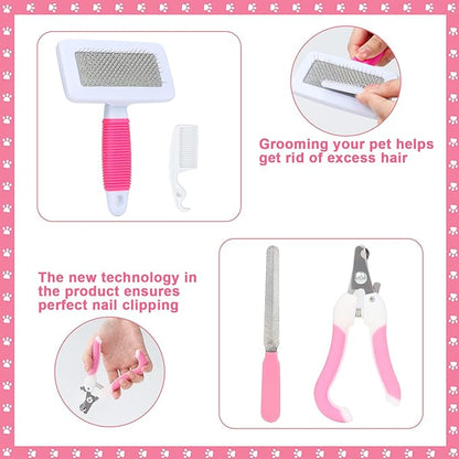 VCZONE Pink Small Animal Grooming Kit with Nail Clipper, Flea Comb, Shampoo Brush, Slicker Brush, Massage Glove for Rabbits