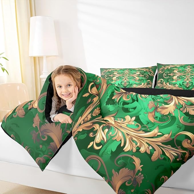 Erosebridal Golden Damask Queen Comforter Set, Vintage Florals Exotic Soft Bed Set for Kids Boys Girls, Aztec Boho Waterproof Paisley Duvet Insert for Bedroom, Bohemian Retro Hippie Down Comforter