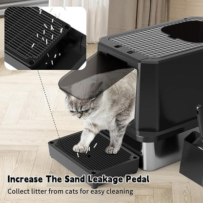 RIZZARI Enclosed Cat Litter Box: All Black Stainless Steel - Odor-Resistant & High-Sided - Teflon Non-Stick Coating for Quick Cleaning - Large Top-Exit Pan for Modern Homes Balcony