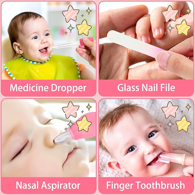 Baby Grooming Kit, Infant Safety Care Set with Hair Brush Comb Nail Clipper Nasal Aspirator,Baby Essentials Kit for Newborn Girls Boys (Pink 20 in 1)