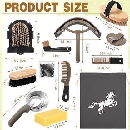 Abbylike 12 Pieces Horse Grooming Kit Racing Festival Tack Room Supplies Horse Brush Sets Equine Care Cleaning Kit Shedding Grooming Massaging Tools(Dark Gray)