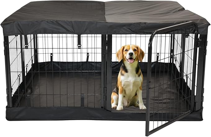 Dog Playpen w/Square Bottom Pad & Top Cover - 24 inch, 8 Panel Portable Black Metal Pet Play Pen for Small Dogs and Puppies - Indoor/Outdoor Kennel Cage for Home, Yard, RV, or Camping