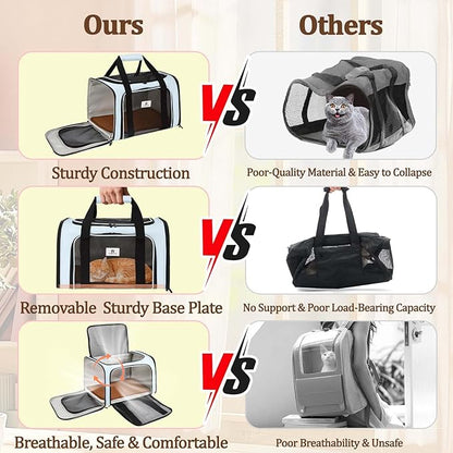 Cat Carrier Dog Carrier - Soft-Sided Cat Carrier with Plush Pad & Cooling Mat, Easy-Load 4-Side Zipper & 3-Side Mesh Ventilation, Pet Carrier Airline Approved for Cats/Dogs Up to 16 lbs, Blue