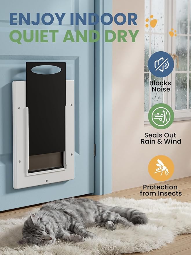 Cat Door, Cat Door Interior Door with Soft Magnetic Flaps, Sliding Panel Closure, Telescoping Tunnel, Easy DIY Installation Kitty Door, Exterior Cat Doors for Cats Up to 20 lbs, White