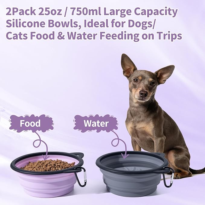 2Pack Silicone Collapsible Dog Bowls, Cute Pet Ear Shape and Cat Graphic Travel Water Bowl Full of Pet Atmosphere 25oz Portable Feeder for Small Large Dog Walking Hiking Camping (Purple and Grey)