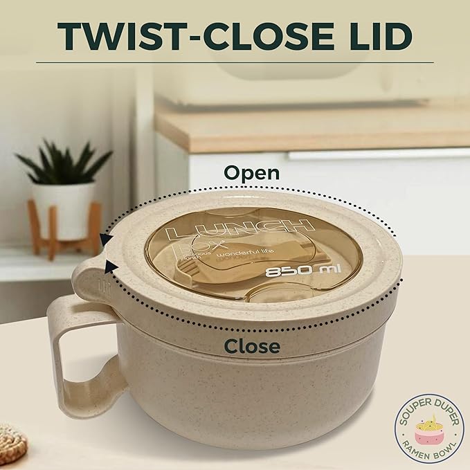 Souper Duper Ramen Bowl Set with Utensil • Heat & Eat Noodles in the Same Soup Bowl • Meal Prep Containers with Lids • Lunch Containers • Microwave, Freezer, Dishwasher Safe (Beige)
