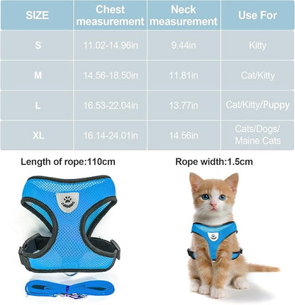 Shudyear Cat Harness and Leash, Adjustable Soft Mesh, Anti-Escape, Reflective Design, Size M, Sky Blue