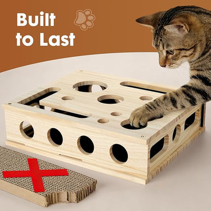 YooxArmor Cat Scratch Puzzle Box, Solid Wood Enrichment Toy with Sandpaper Nail Filer, Stress-Free Claw Care for Indoor Cats
