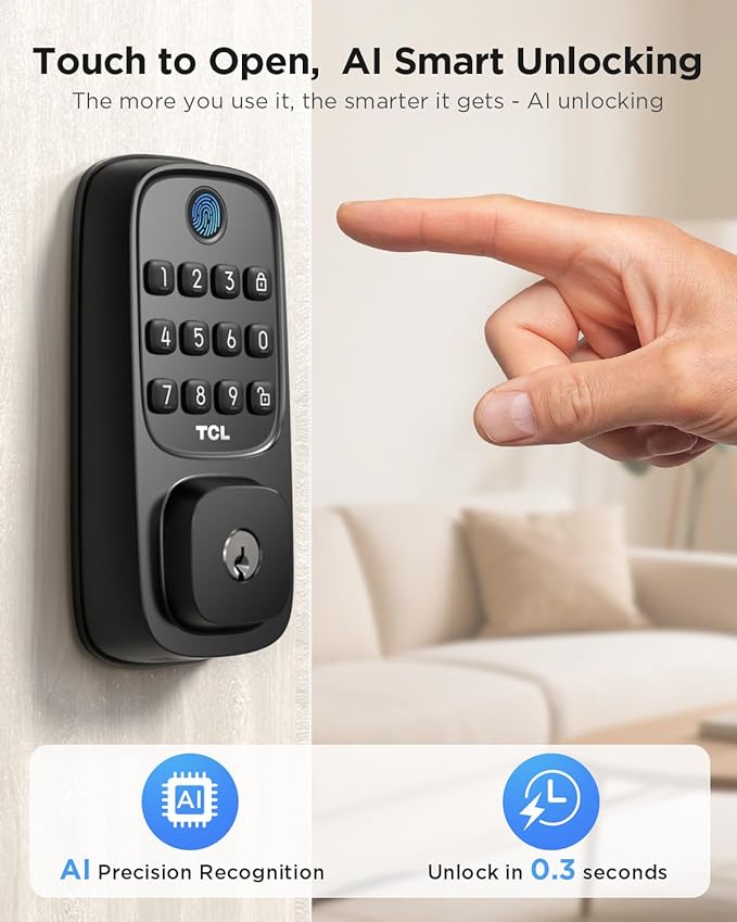 TCL D1 Wi-Fi Smart Lock, Fingerprint Door Lock, Keyless Entry Keypad Deadbolt Lock for Front Door, Built-in WiFi, Auto Lock, Voice Control, Easy Installation, 8 Months Battery (Black)